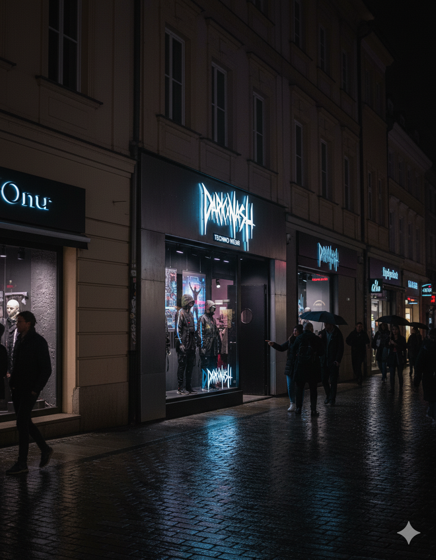 Nachtaufnahme des DARKXNASH Techno Wear Stores mit leuchtendem Logo und Schaufenster in der Innenstadt.