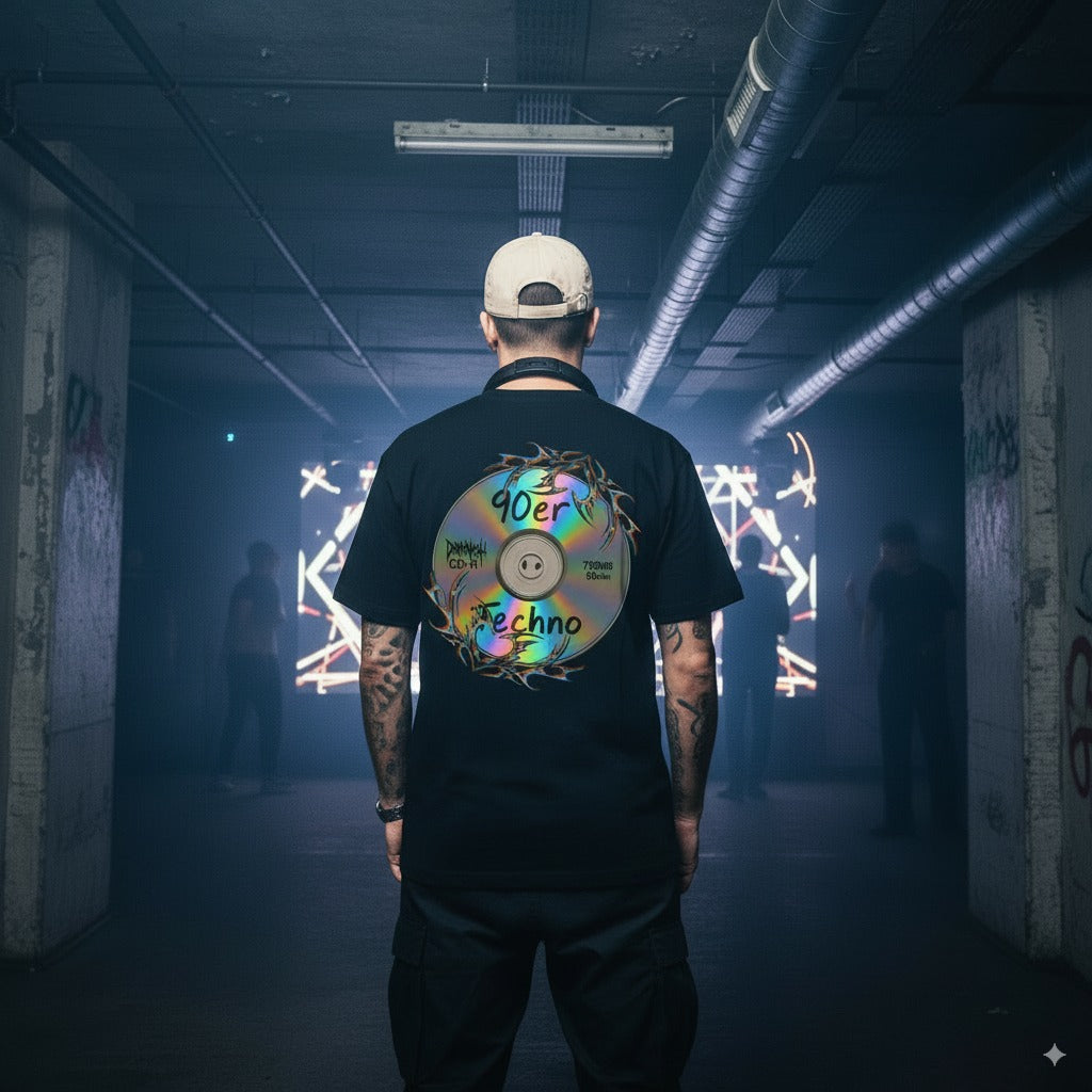 Person trägt 90er Techno T-Shirt mit CD-Design in einer Underground-Rave-Location, inspiriert von Retro Techno Kultur.