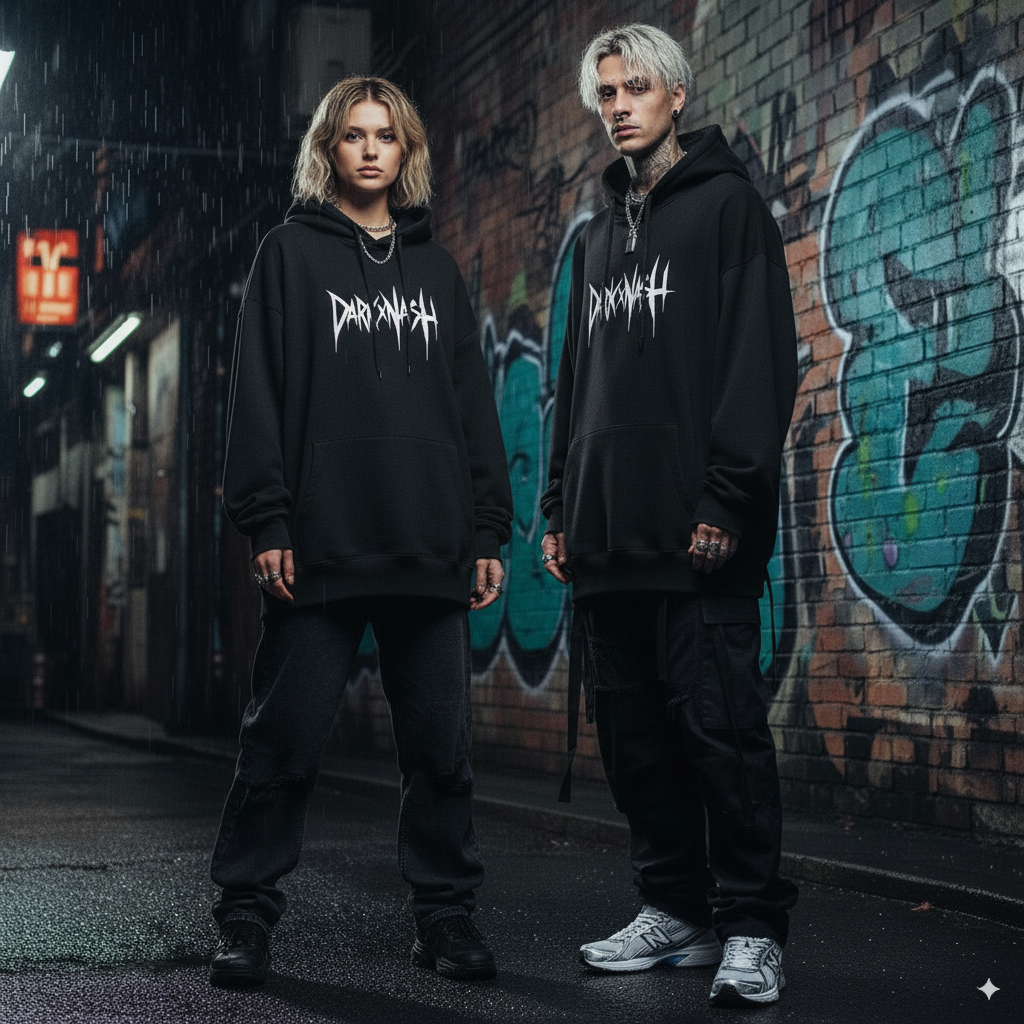 Oversized-Hoodie in Schwarz mit DarkXNASH Frontprint, getragen von Mann und Frau.