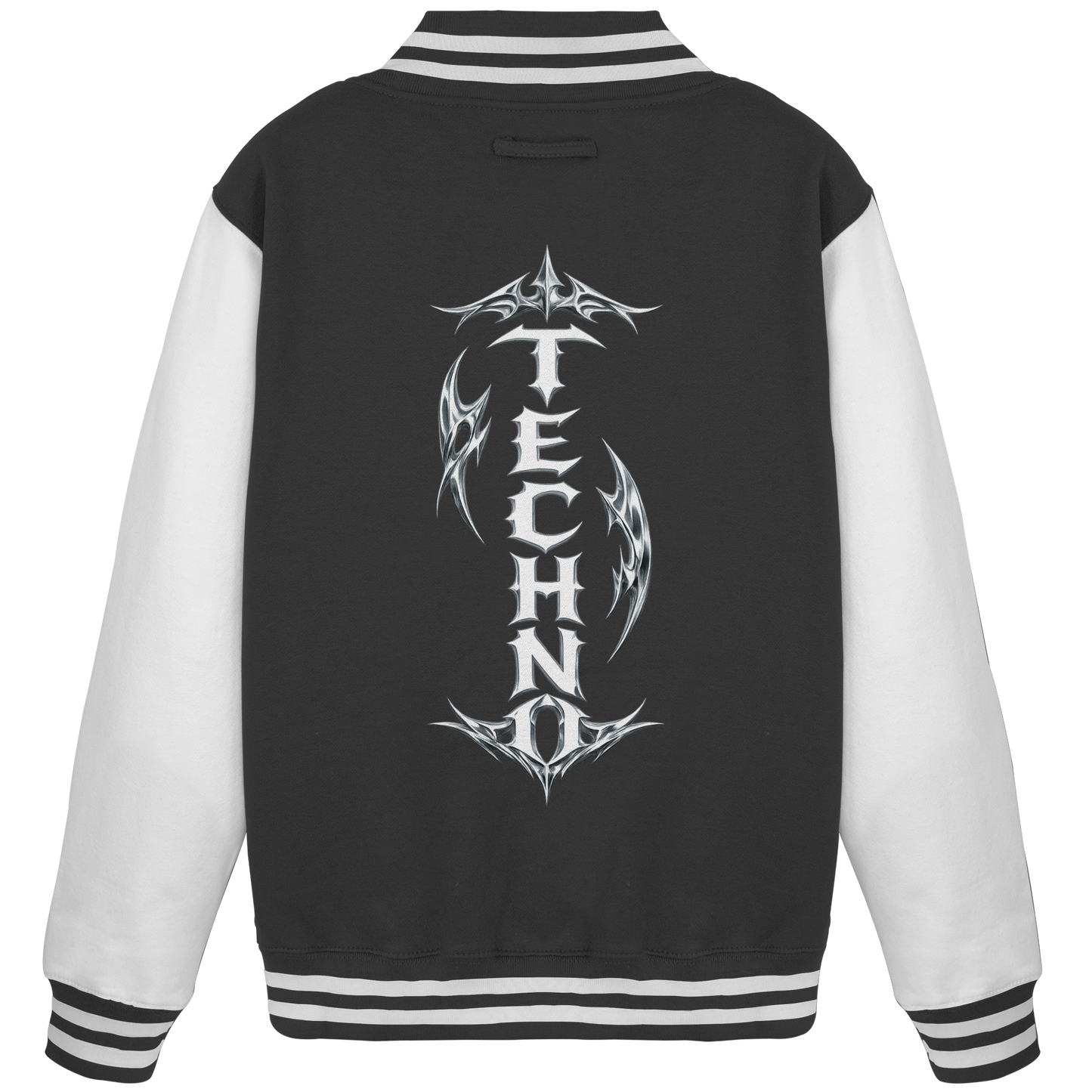 Techno College Jacke DARKXNASH, schwarzer Body mit weißen Ärmeln, Backprint Design, Streetwear Rave Style