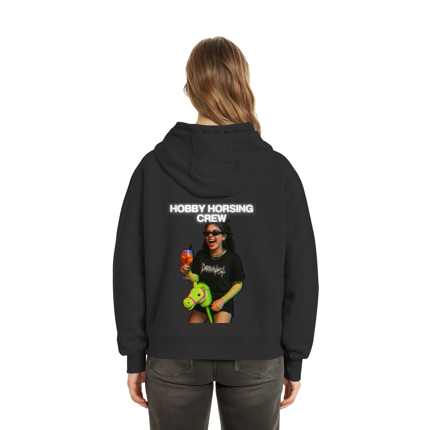 Schwarzer Oversize Boxcut Hoodie mit Hobby Horsing Crew Print auf dem Rücken – DARKXNASH