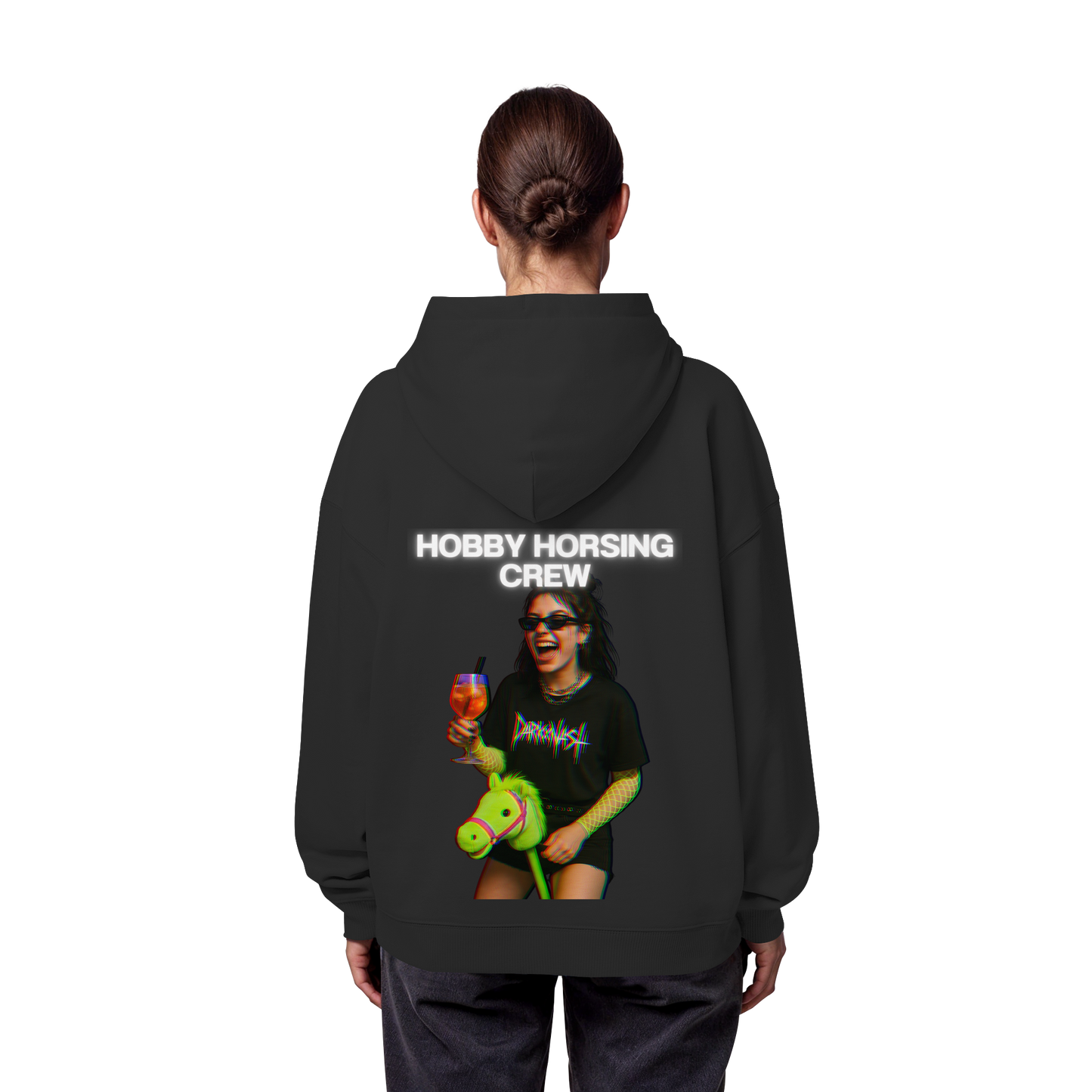 Schwarzer Organic Oversize Hoodie Damen mit Hobby Horsing Crew Rückenprint – DARKXNASH