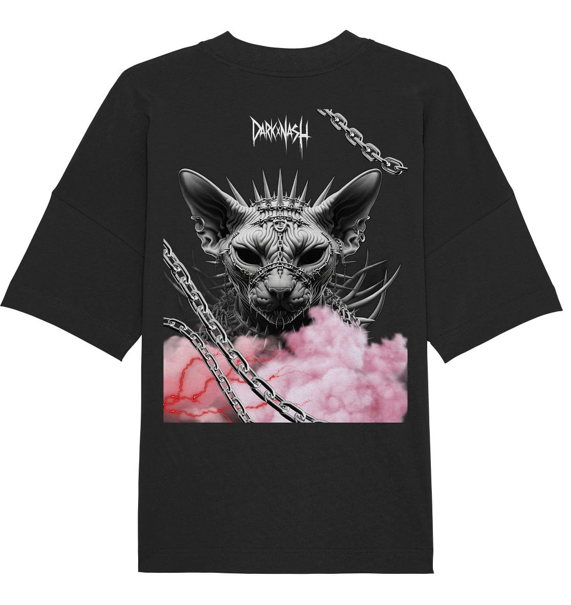 Spiked Sphinx - Dunkle Eleganz trifft auf Technowelt (Backprint) - Organic Oversize Shirt