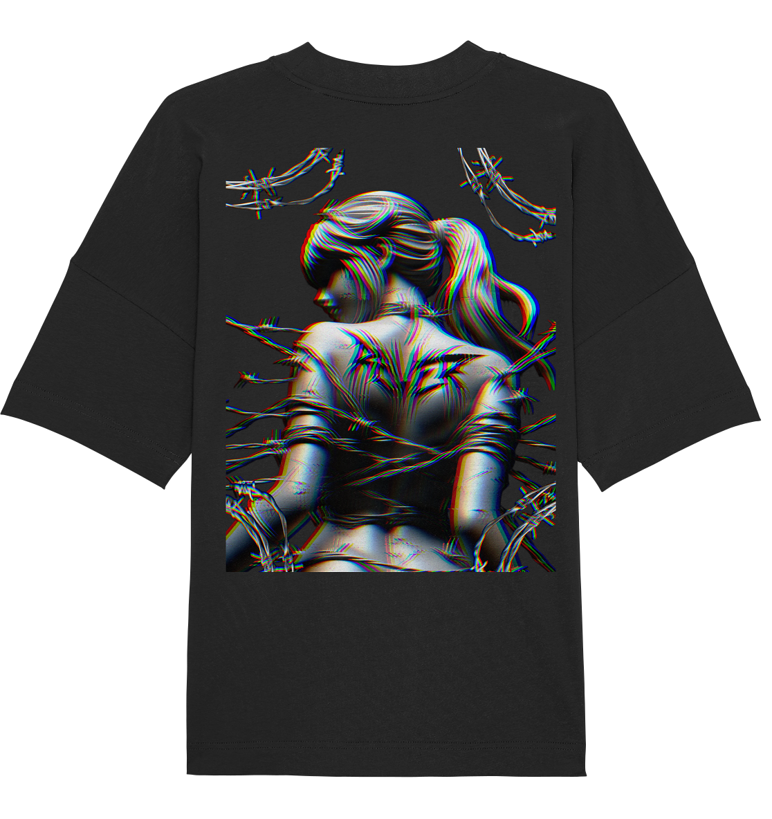 Schwarzes Oversize-Shirt mit 3D-Print einer gefesselten Frau mit dem Schriftzug ‚RAVER‘ am Rücken – Techno-Design mit Stacheldraht und glitchy Effekt.