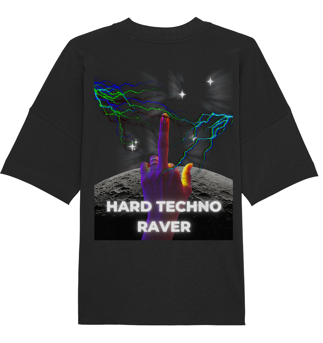 Schwarzes Oversize Unisex-T-Shirt mit auffälligem Backprint: neonfarbene Blitze, eine farbige Hand im Vordergrund und der Schriftzug 'Hard Techno Raver'.