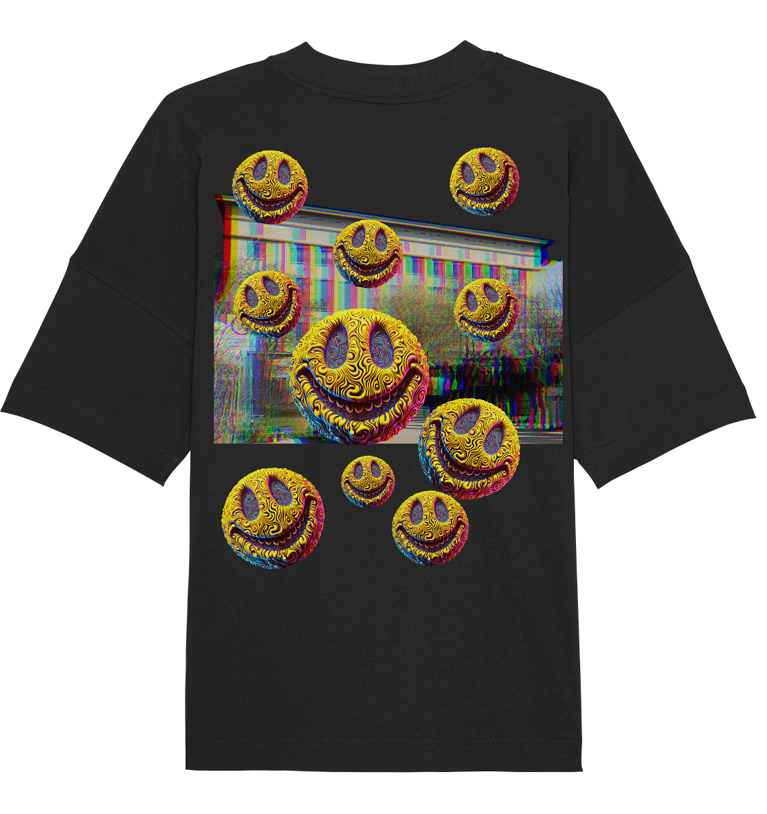 Schwarzes Oversize-Shirt mit psychedelischen Acid-Smileys und Berghain-Backprint – inspiriert von Techno- und Rave-Kultur.