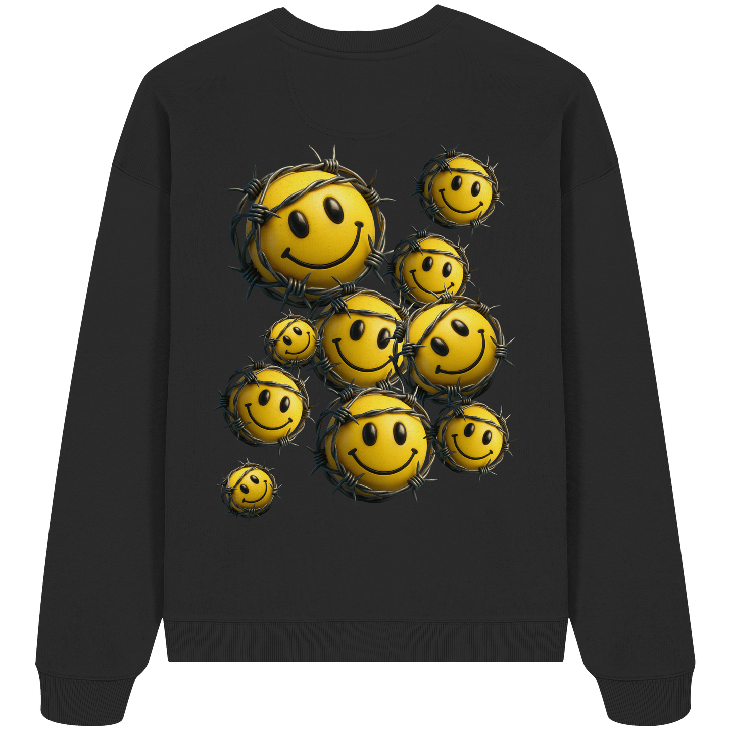 Acid is not a crime“-Sweater mit gelben Smileys im Stacheldraht-Look als auffälliger Print auf schwarzem Stoff.