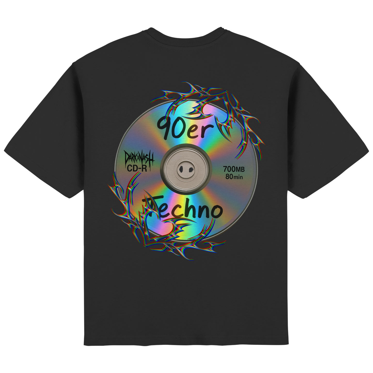 Schwarzes Oversized 90er Techno T-Shirt mit bunter CD-Printgrafik und Tribal-Design, inspiriert von Retro Rave Kultur.