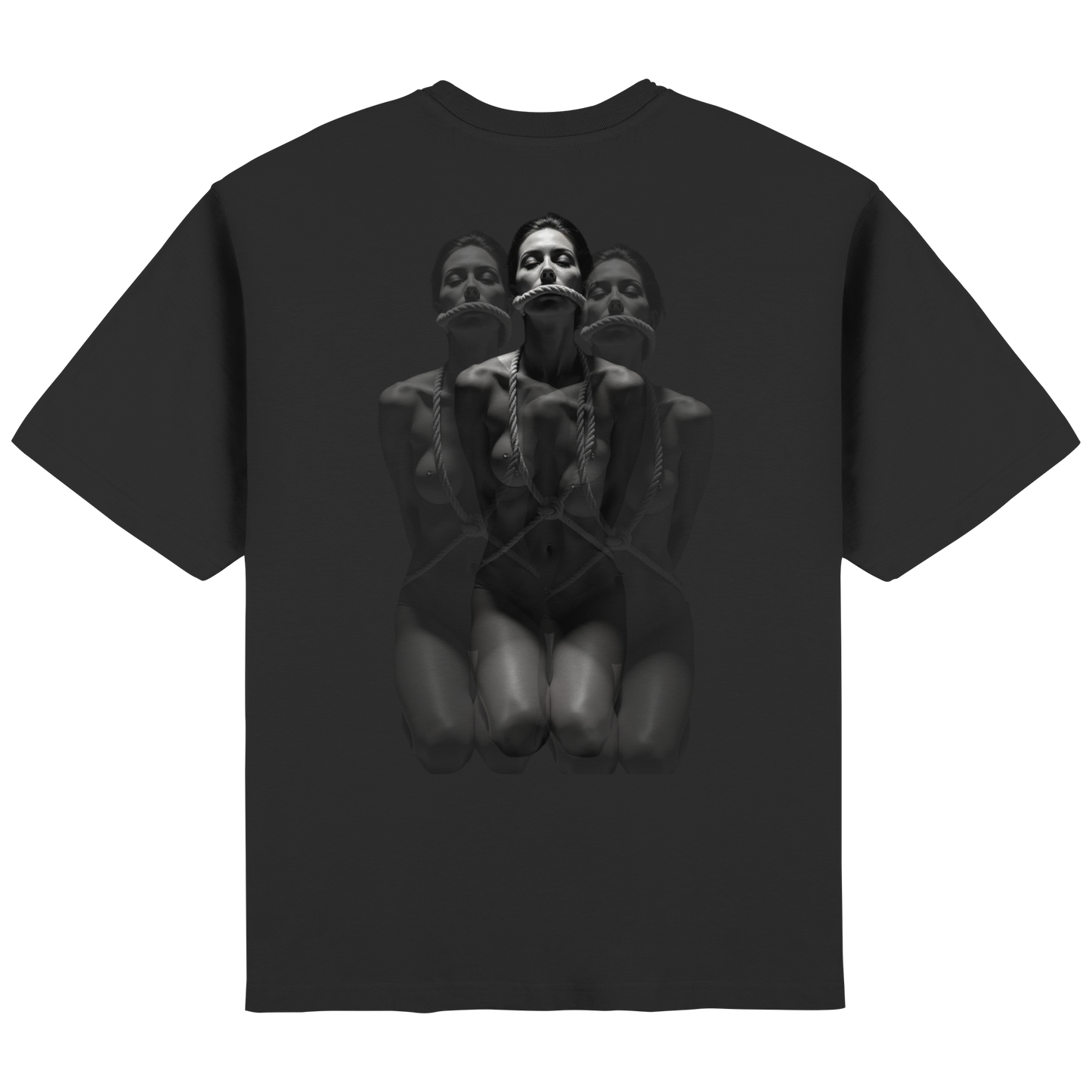Schwarzes Oversized-T-Shirt mit monochromem ‚Rope Girl‘-Print – dunkle, ästhetische Techno-Streetwear