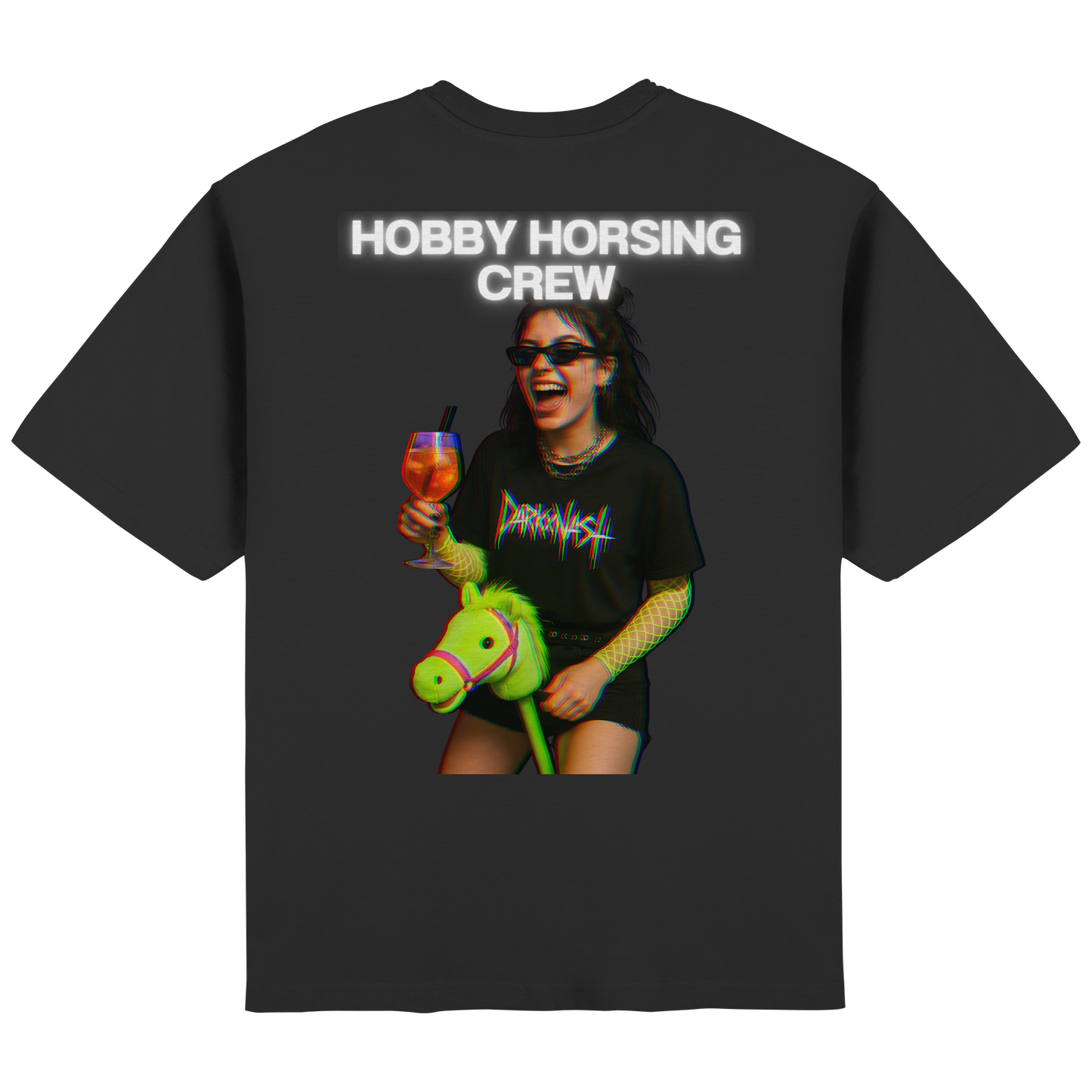 Schwarzes Oversized Streetwear T-Shirt mit Hobby Horsing Crew Rückenprint – DARKXNASH Fashion