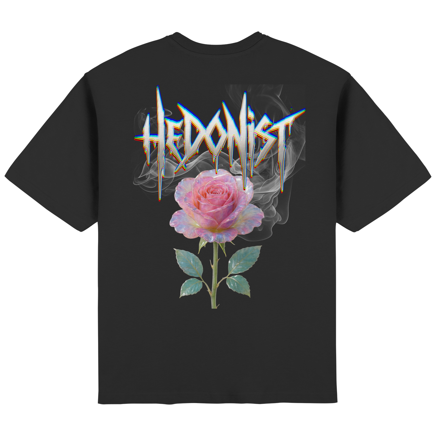 Schwarzes Oversized T-Shirt mit HEDONIST Schriftzug und rosafarbener Rose als Rückendesign