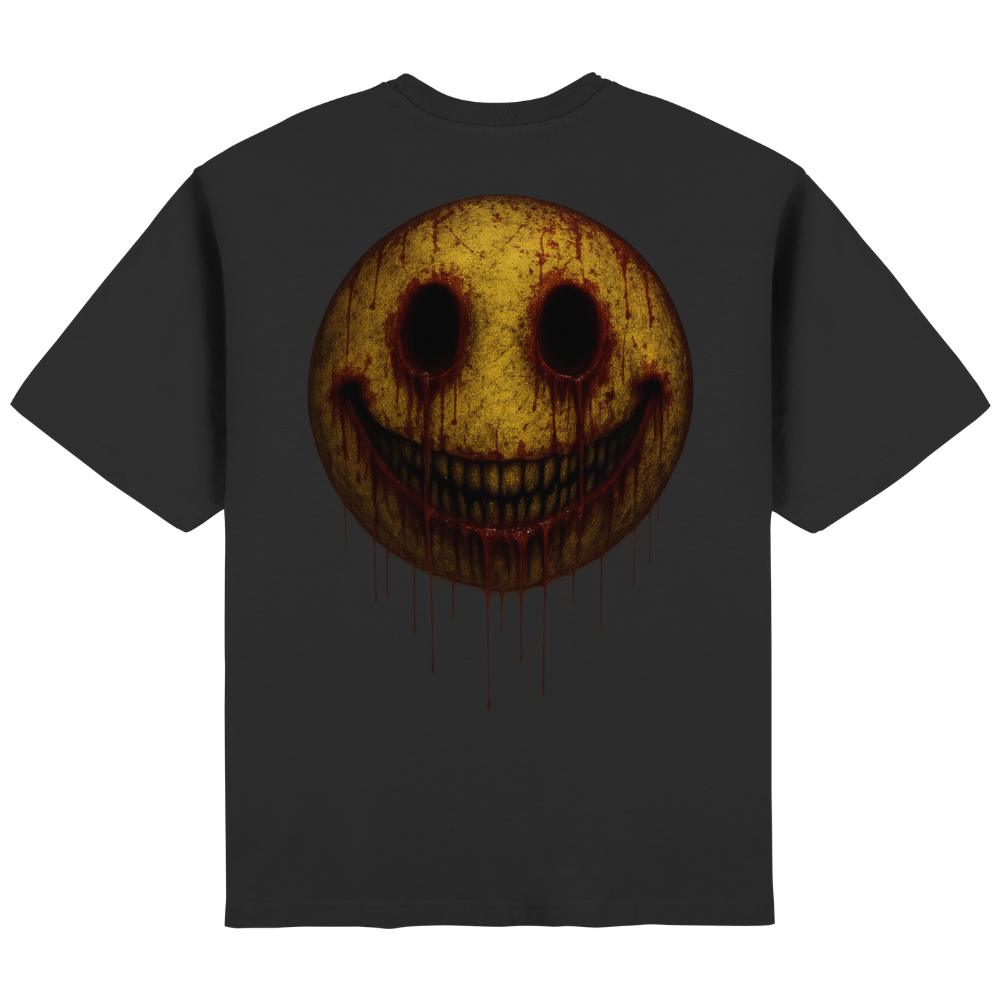 Schwarzes Oversized T-Shirt mit gelbem, blutigem Acid-Smiley-Print auf dem Rücken – düsterer Rave-Stil.