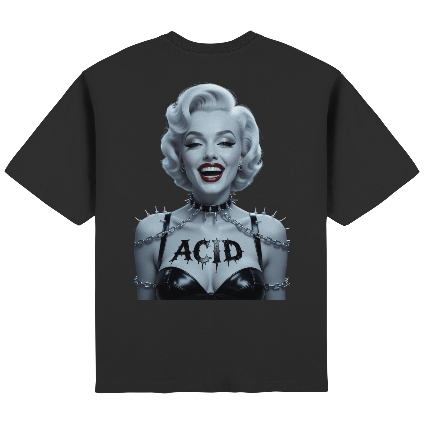 Oversized Streetwear T-Shirt mit Acid Marilyn Print – monochromes Design mit Chains, Latex-Look und boldem Schriftzug.