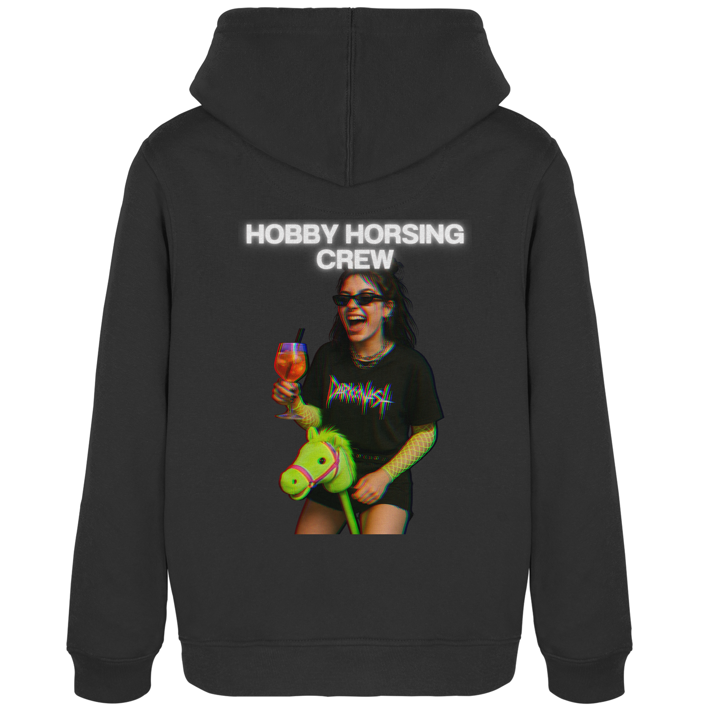Schwarzer Organic Damen Hoodie mit Hobby Horsing Crew Rückenprint – DARKXNASH Streetwear