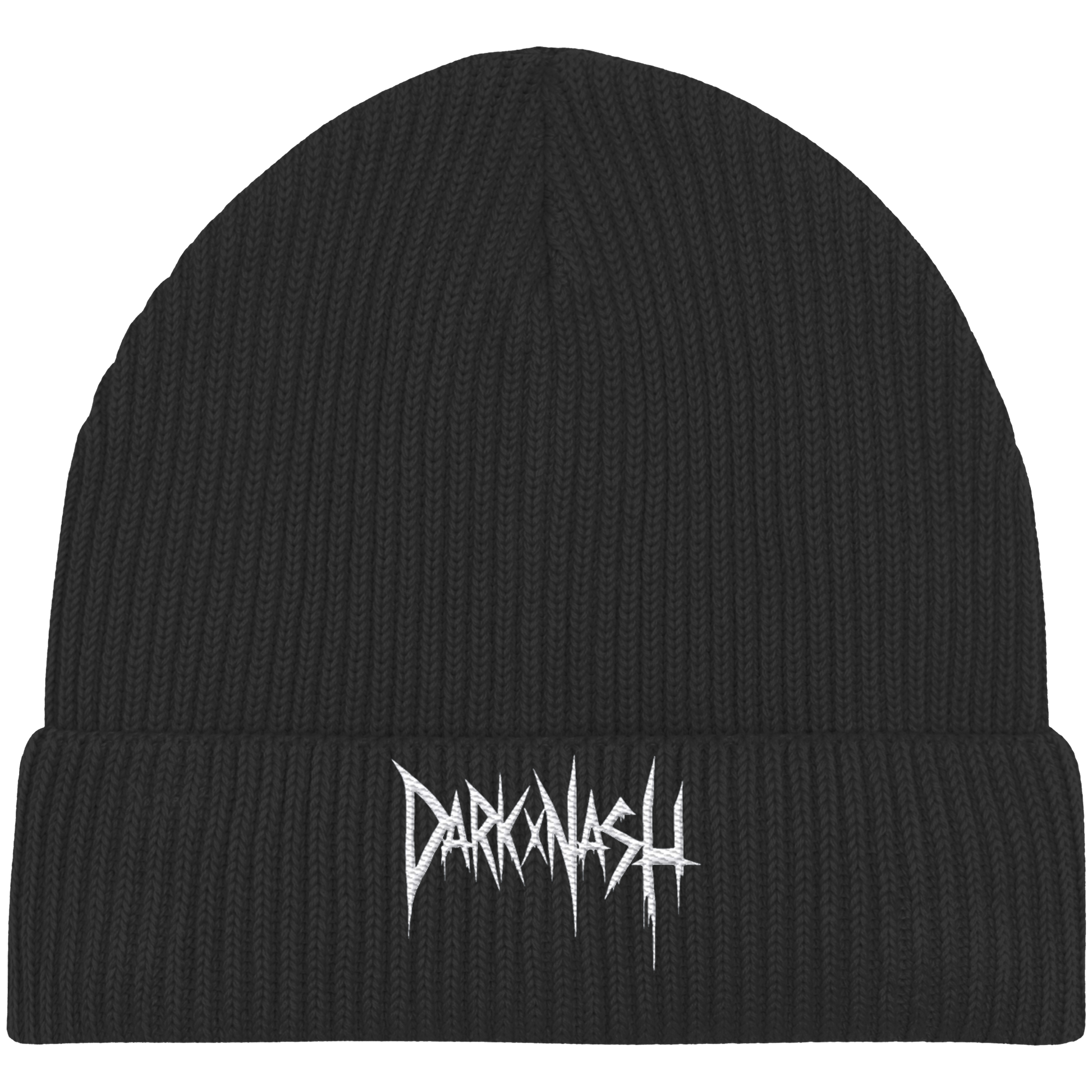 Schwarze Organic Fisherman Beanie mit weißem DARKXNASH Logo – Streetwear Mütze