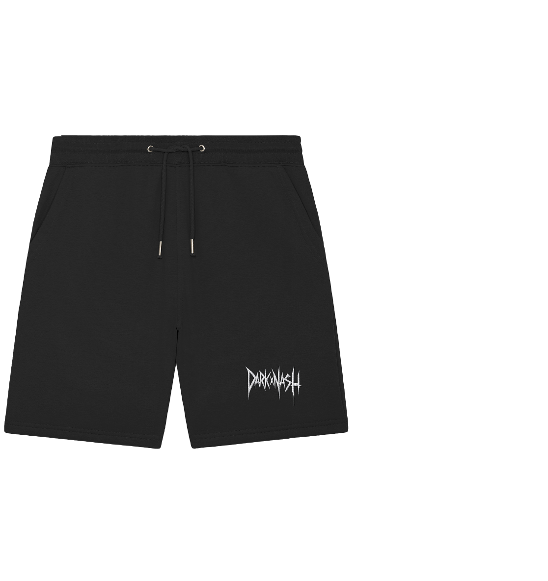 Schwarze DARKXNASH Jogger Shorts mit weißem Stick – Teil des unisex Techno-Outfit Sets für Festivals und Clubnächte