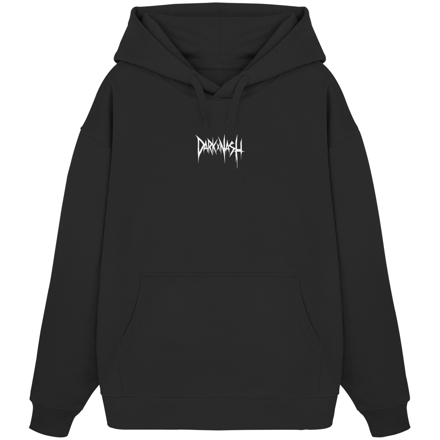 Schwarzer Organic Oversize Hoodie Herren mit weißem DARKXNASH Frontlogo – Techno Streetwear