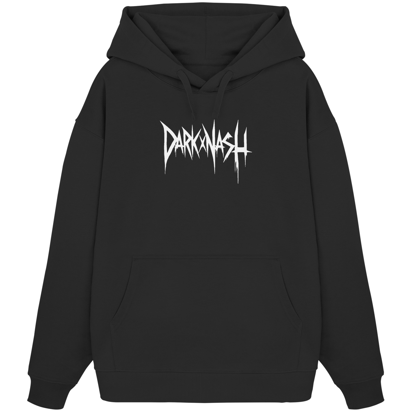 Vorderansicht des schwarzen Acid Techno Oversize Hoodies mit Smiley-Stacheldraht-Print