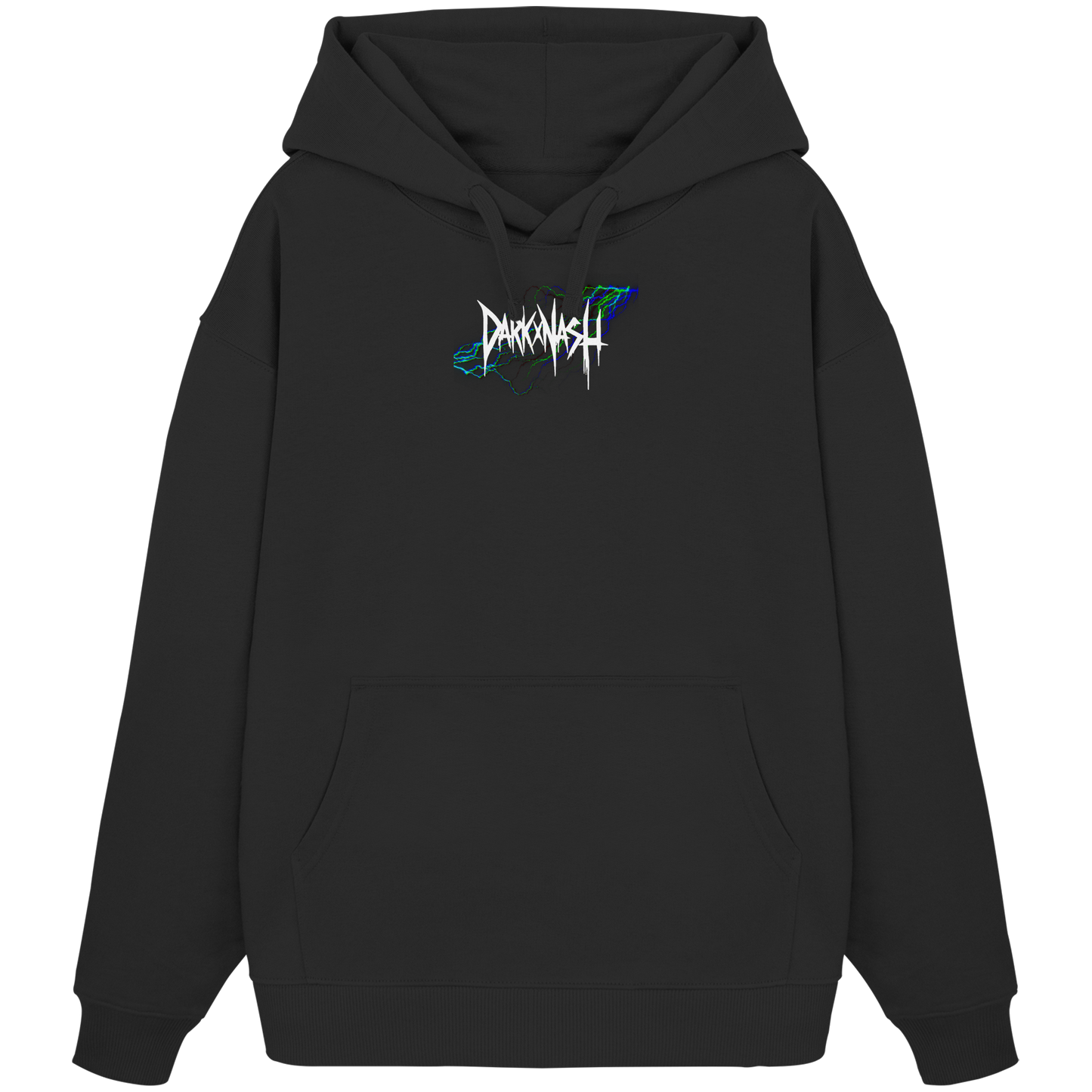 Schwarzer Oversize Hoodie mit stylischem DarkXNash-Logo auf der Vorderseite, umgeben von einem neonfarbenen, futuristischen Design.