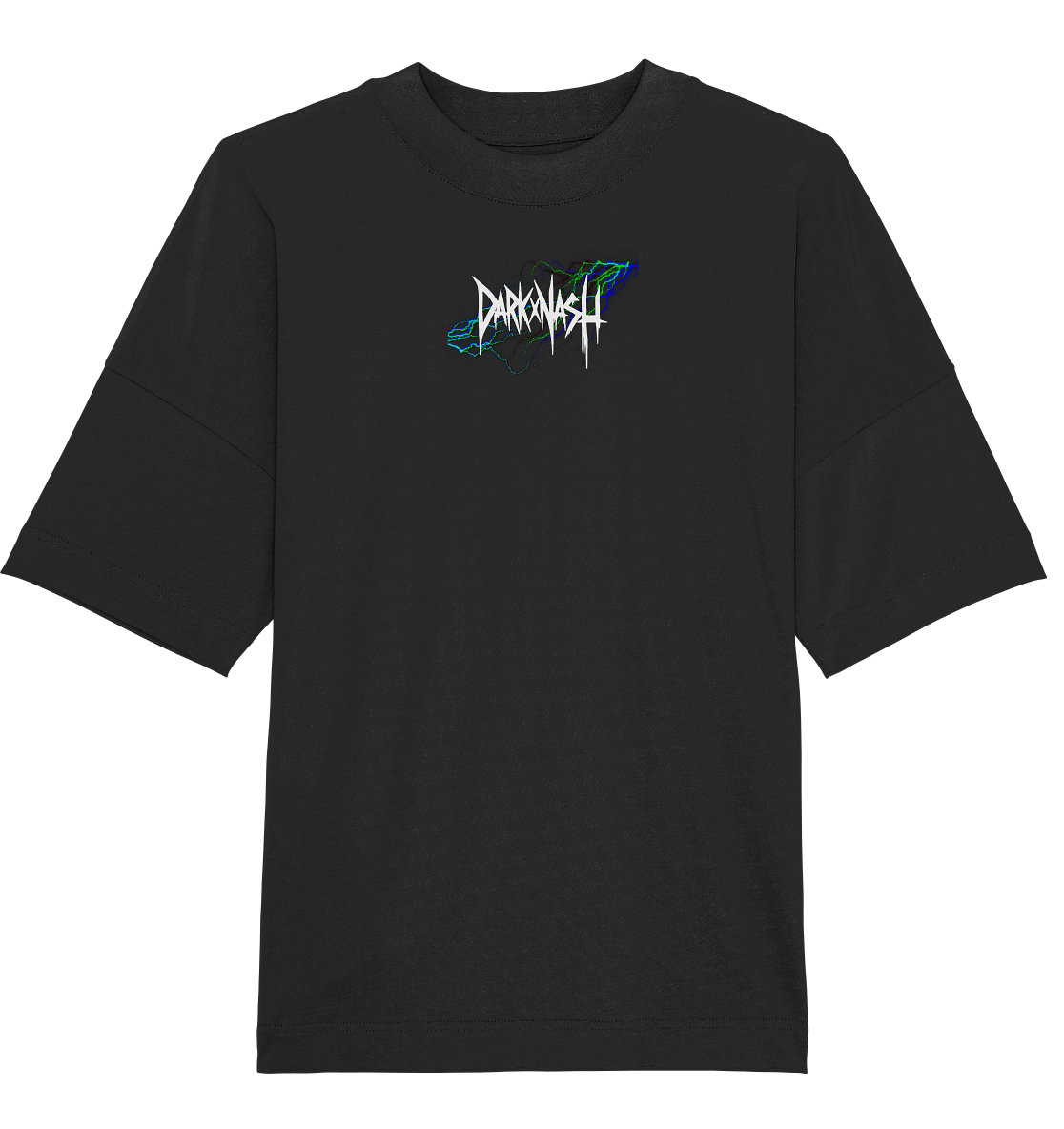Schwarzes Oversize Unisex-T-Shirt mit minimalistischem DarkXNash-Logo auf der Vorderseite, umgeben von einem neonfarbenen, futuristischen Muster.