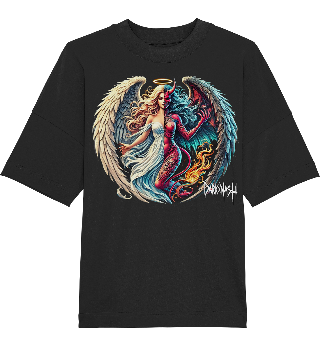 Schwarzes Rave Shirt mit auffallendem Muter auf dem ein Engel und ein Terufel verschmelzen