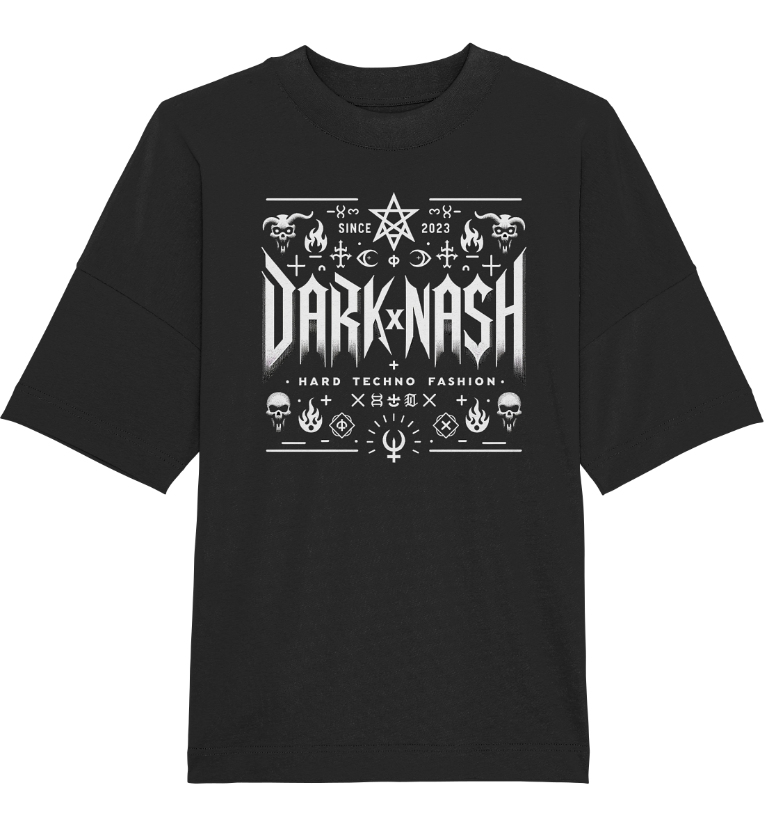 Schwarzes DarkNash T-Shirt mit Hard Techno Design, mystischen Symbolen und dem Logo seit 2023.