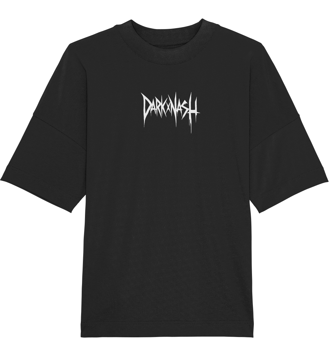 Schwarzes Oversize-Shirt mit weißem DARKXNASH-Logo im edgy Stil auf der Brust – minimalistisches Techno-Statement-Shirt.