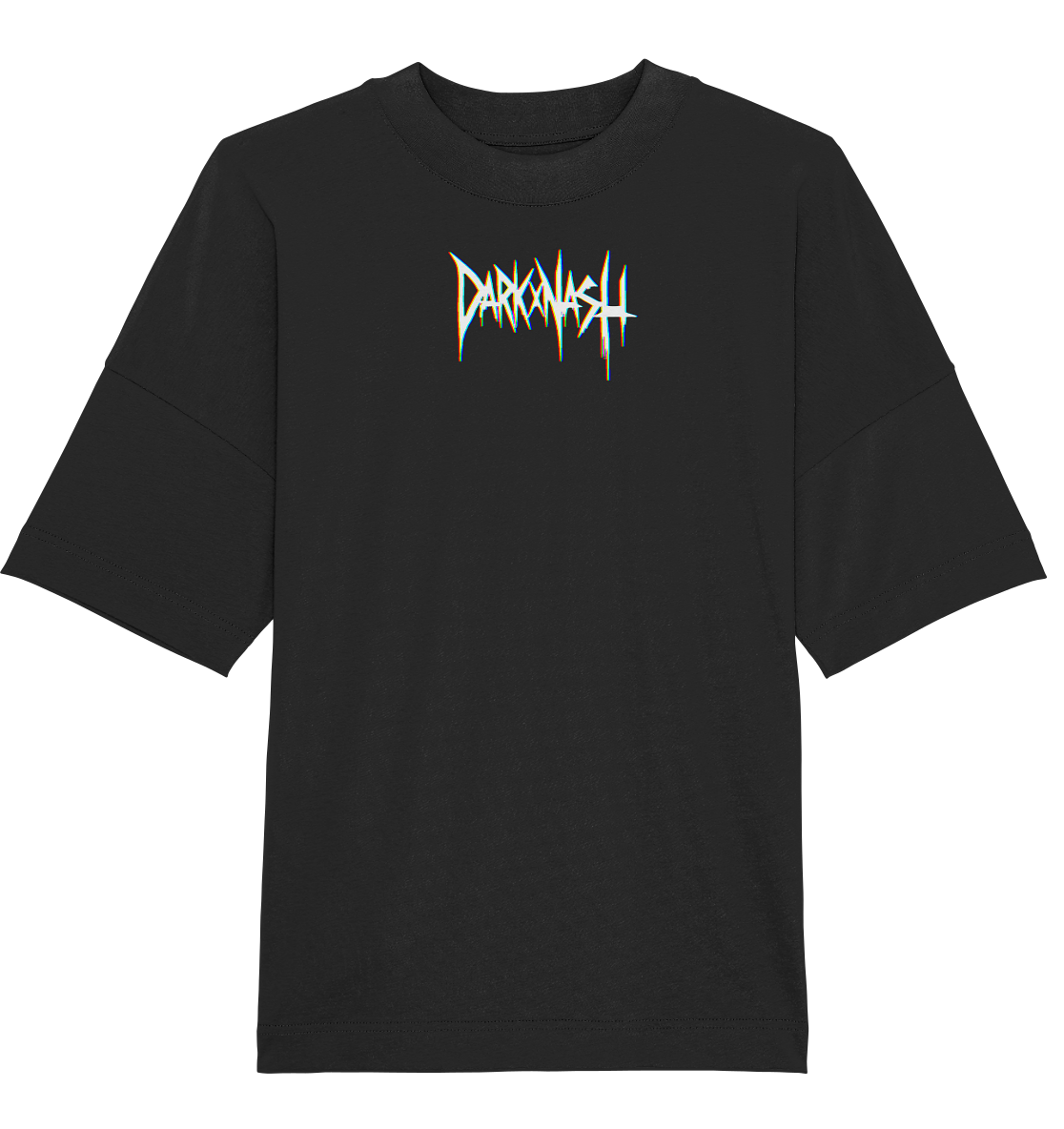 Vorderseite des schwarzen Oversize-Shirts mit kleinem verzerrtem DARKXNASH-Logo im RGB-Effekt auf der Brust