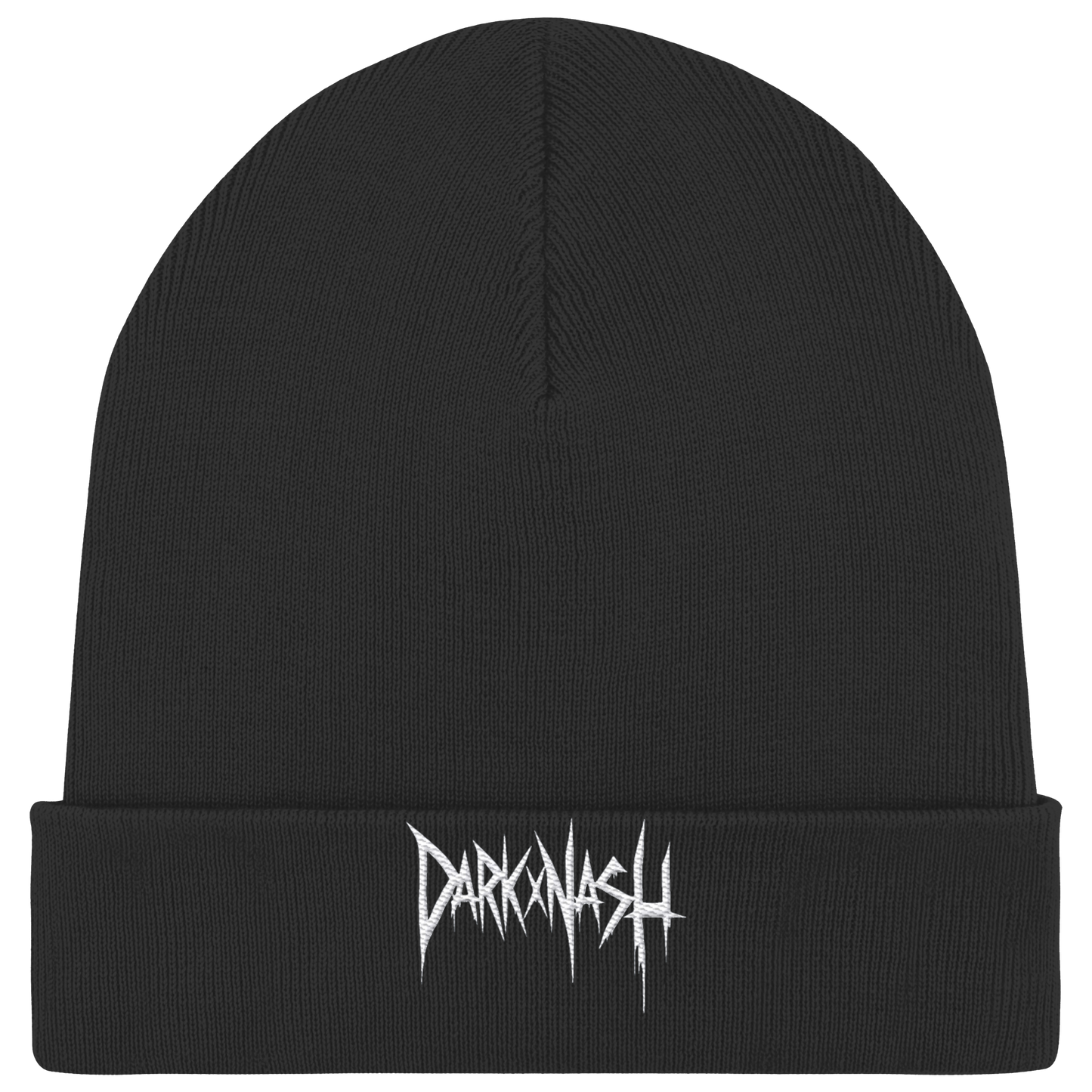 Schwarze Organic Rib Beanie mit weißem DARKXNASH Logo – nachhaltige Streetwear Mütze