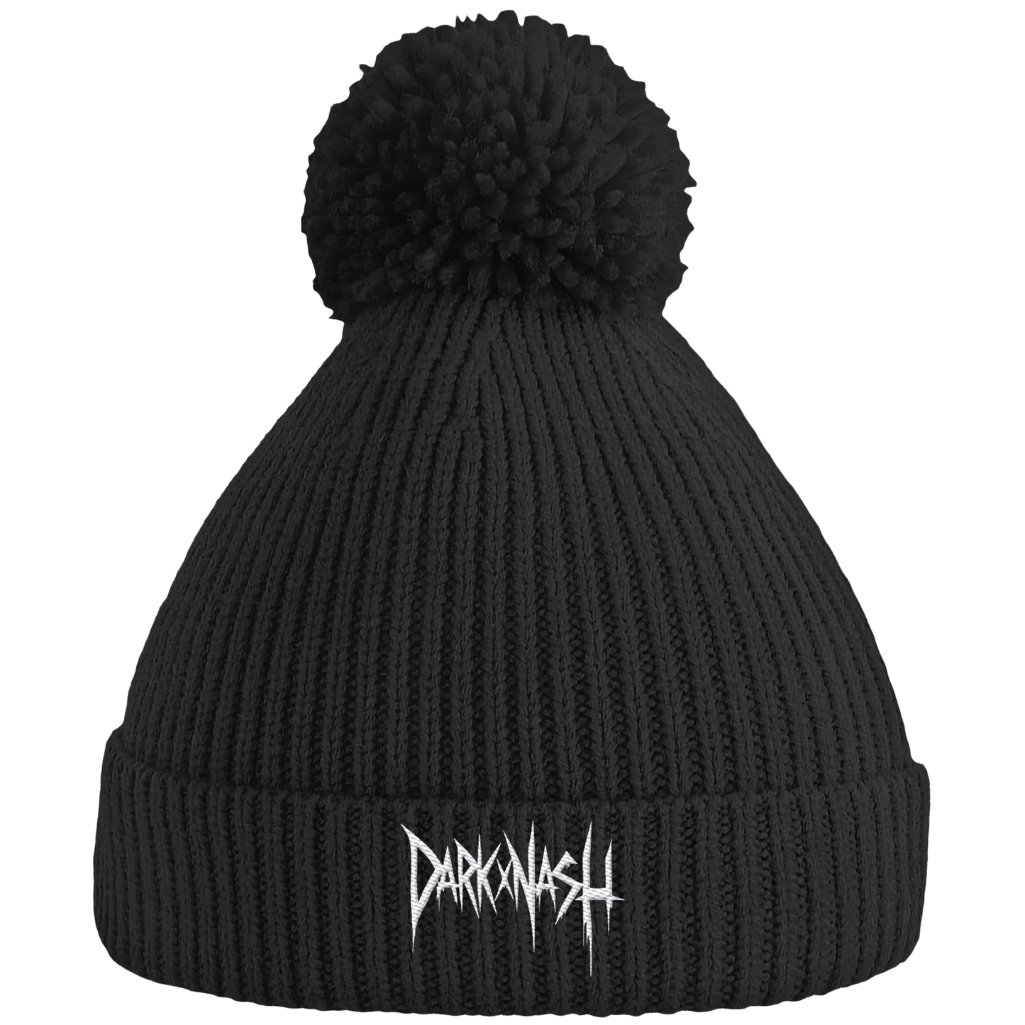 Schwarze Pom-Pom Beanie Mütze mit weißem DARKXNASH Logo – Streetwear Accessoire