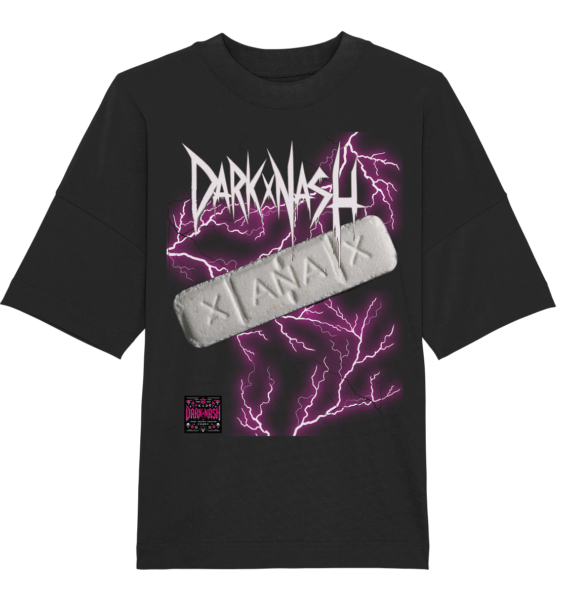 Schwarzes T-Shirt mit Neon-Blitzen, Xanax-Tablette und DARKXNASH-Logo – futuristisches Design für die Techno-Szene.