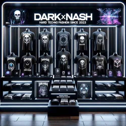 "Techno Shop mit T-Shirts, Hoodies und Accessoires von DARKxNASH – Hard Techno Fashion seit 2023, inspiriert von der Techno-Kultur.