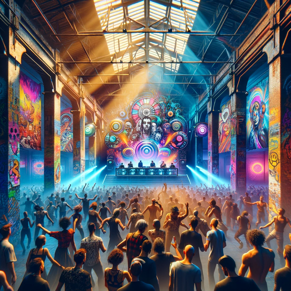 Techno-Rave in einer alten Fabrikhalle mit bunten Neonlichtern und psychedelischer Wandkunst, voller tanzender Menschen vor einem DJ-Pult.