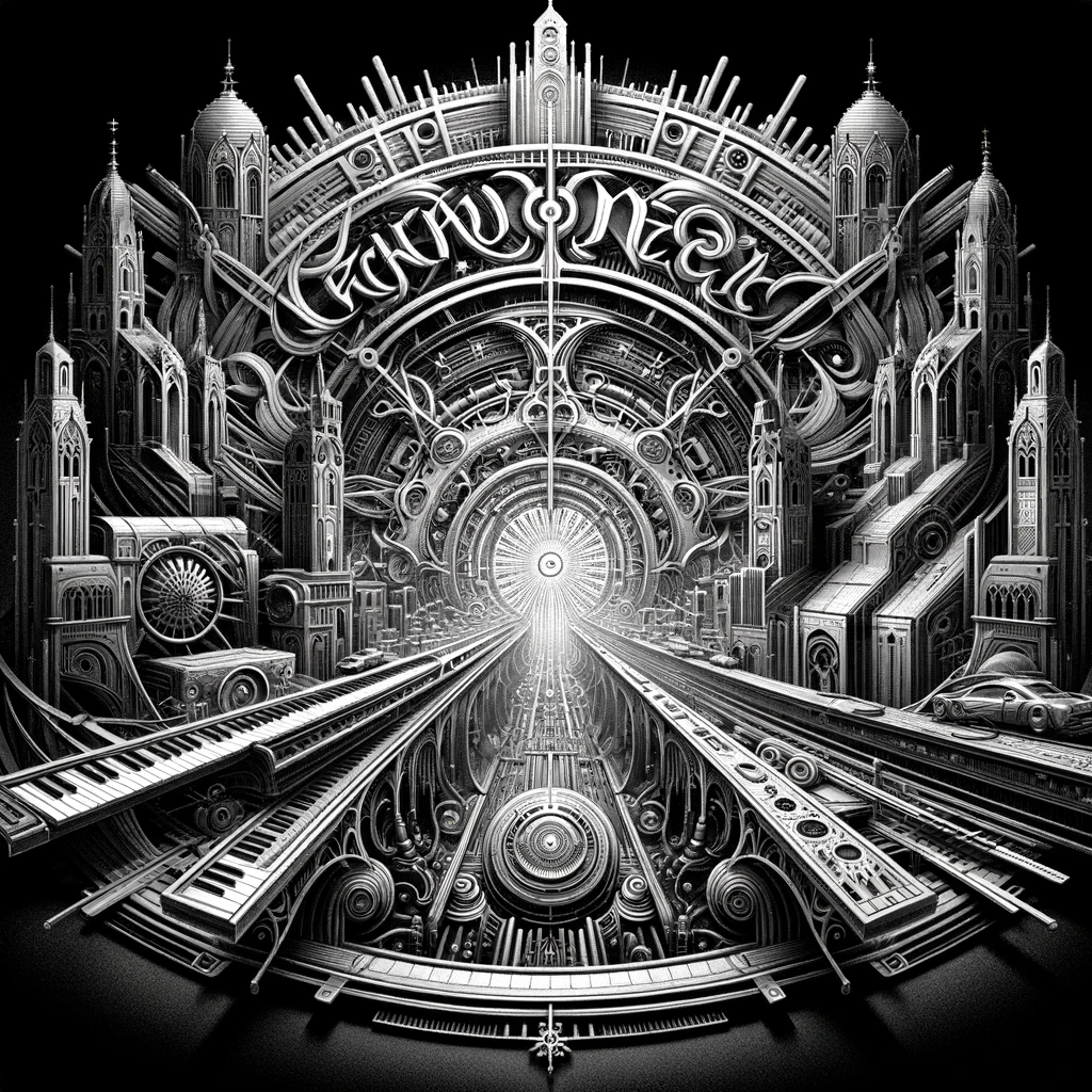 Schwarz-weißes, futuristisches Techno-Stadtbild mit mechanischen Strukturen, Tunnelblick und musikinspirierten Elementen wie Klaviertasten und Zahnrädern.