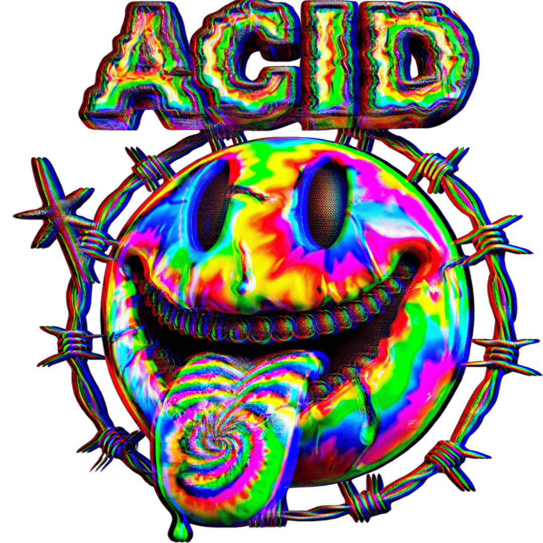 Buntes Acid-Smiley-Design mit psychedelischen Farben, herausgestreckter Zunge in Spiraloptik und Stacheldrahtkranz, Symbol für die Rave- und Techno-Szene.