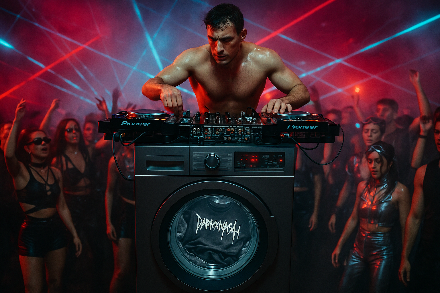 DJ legt im Club auf einer Waschmaschine auf – Symbolbild fürs richtige Waschen von DARKXNASH Shirts