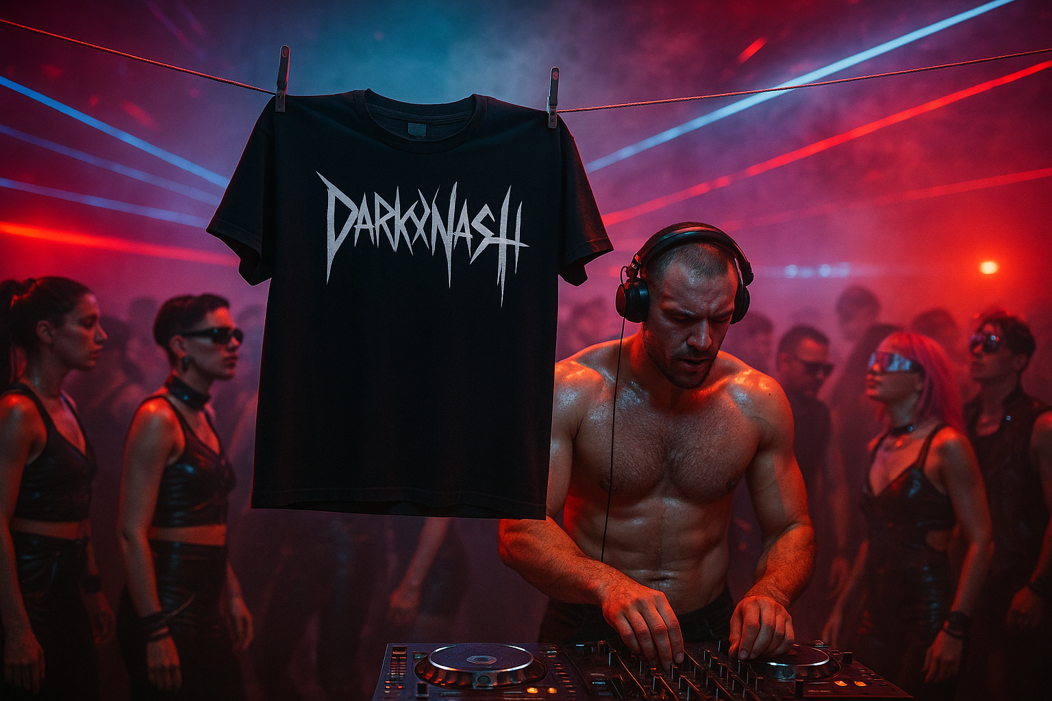 DARKXNASH Shirt hängt auf Leine im Club – Symbolbild fürs lufttrocknen statt Trockner