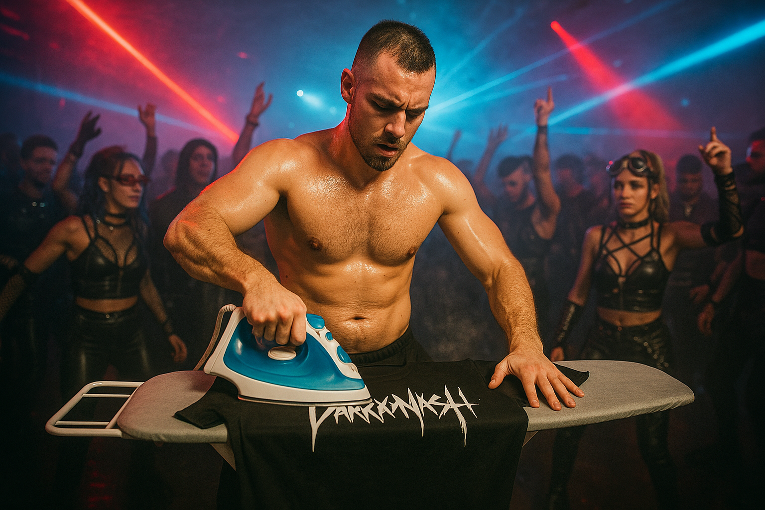 Mann bügelt DARKXNASH Shirt im Club – Symbolbild für Pflegehinweise Techno-Streetwear