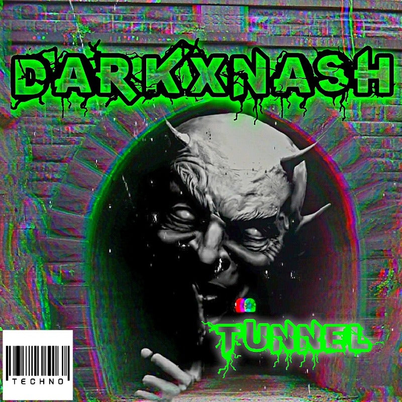 DARKXNASH Tunnel – düsteres Techno Cover mit dämonischem Gesicht und Neon-Greeneffekten