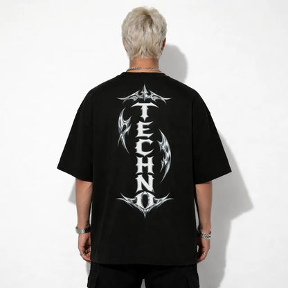 Techno Backprint Shirt mit TECHNO Schriftzug hinten schwarzes Rave T-Shirt DARKXNASH Streetwear Festival Outfit unisex