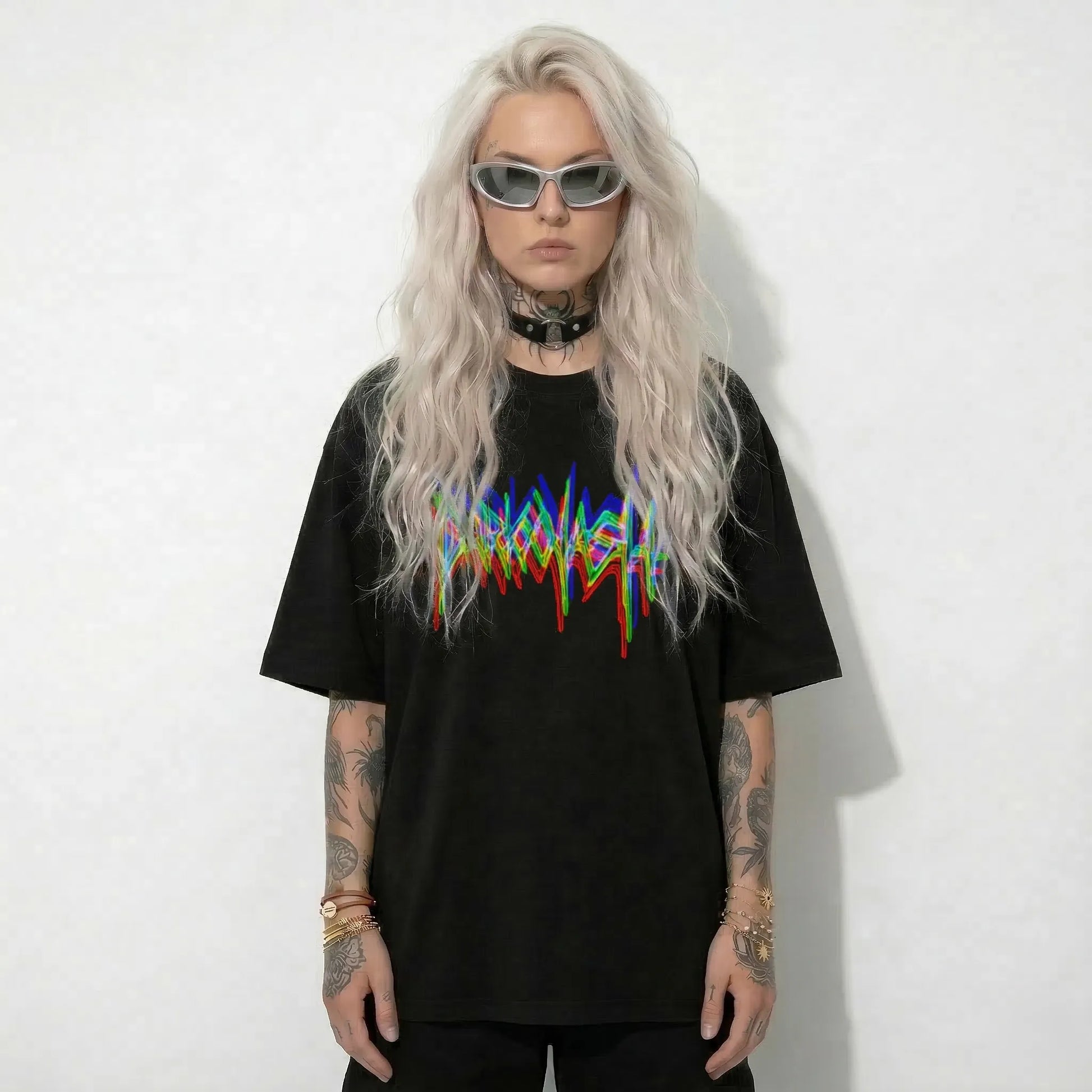 DARKXNASH Oversize Techno Shirt mit Neon Logo Print schwarzes Rave T-Shirt Streetwear Festival Outfit Damen