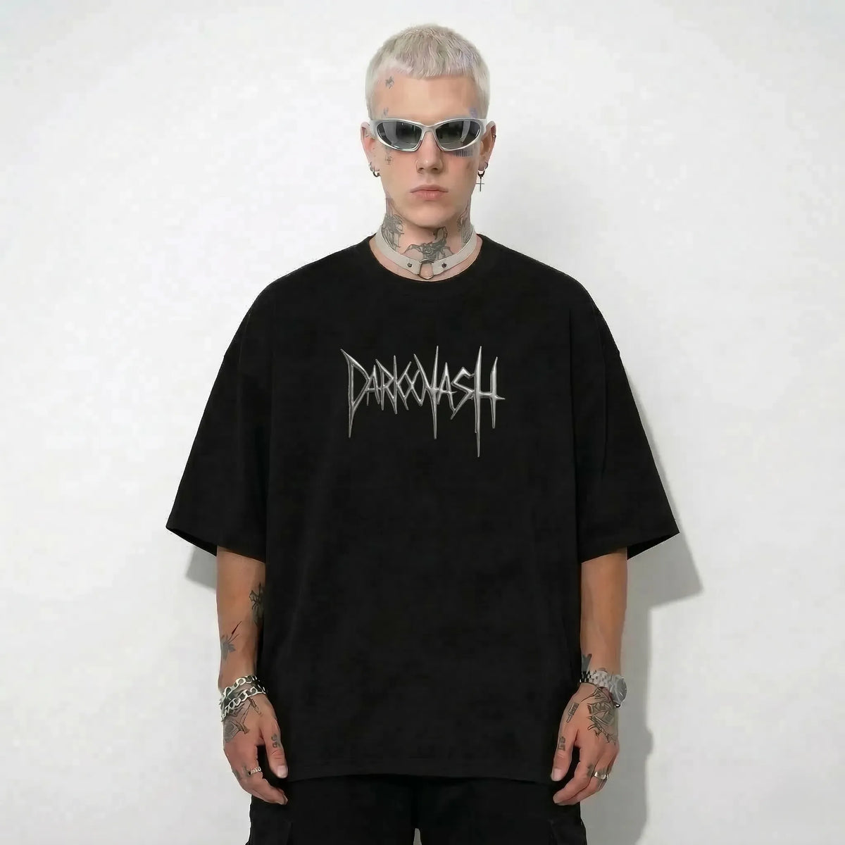 DARKXNASH Oversize Techno Shirt schwarz mit Logo Print vorne Rave Streetwear T-Shirt Festival Outfit Herren