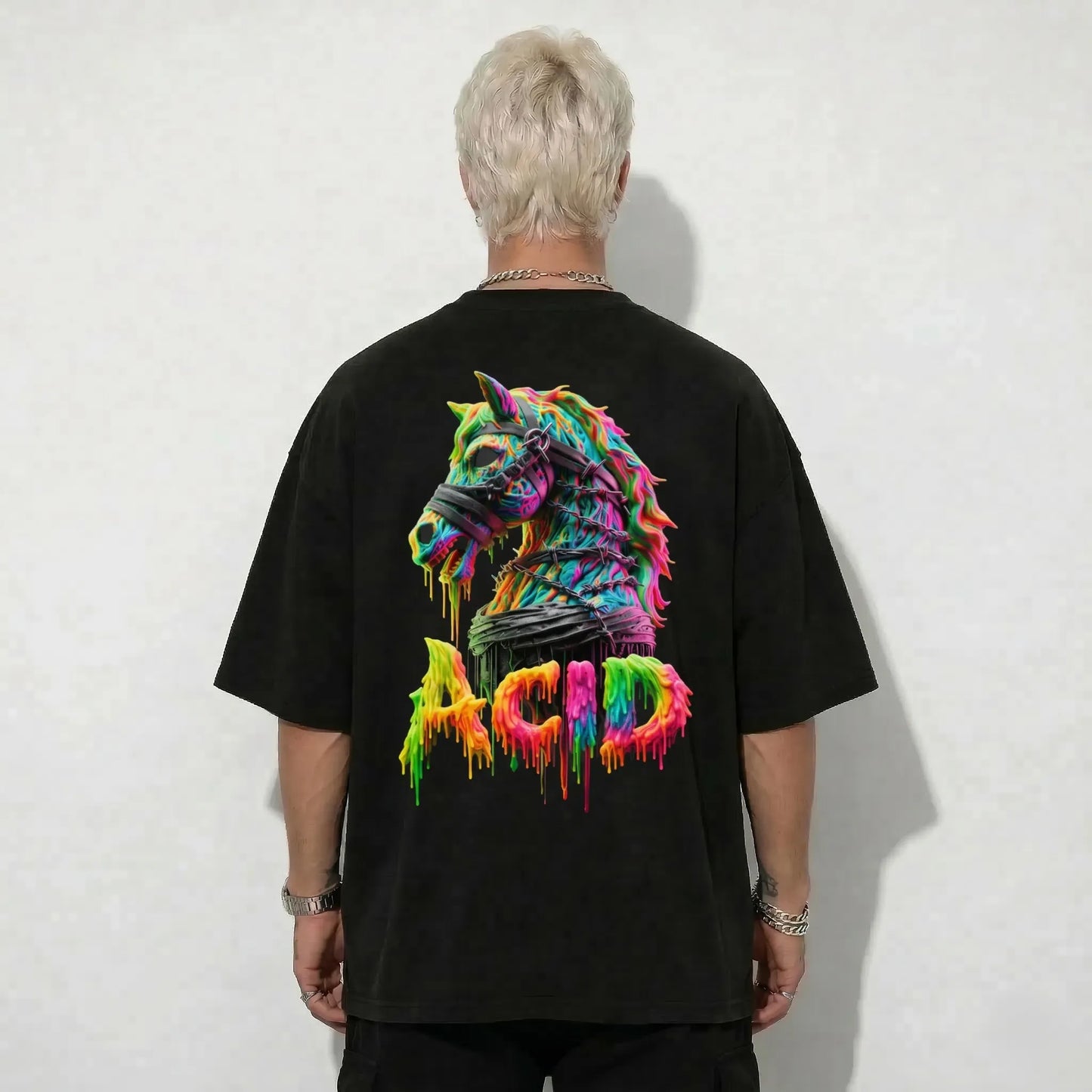 Acid Backprint Techno Shirt mit buntem Pferd Print hinten DARKXNASH Rave Streetwear T-Shirt Festival Hardtechno Outfit unisex