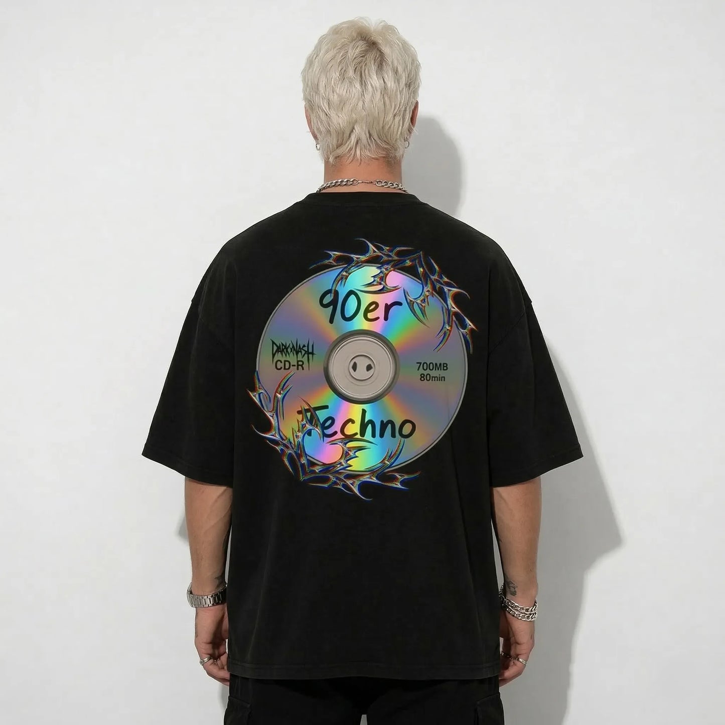 techno oversize t shirt darkxnash schwarz mit 90er techno cd backprint streetwear shirt