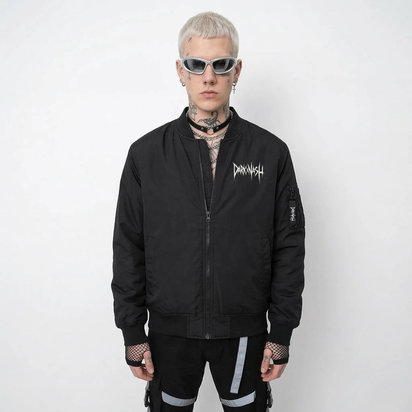 Schwarze DARKXNASH Bomberjacke mit Logo Techno Streetwear Jacke Rave Outfit Festival Kleidung Herren