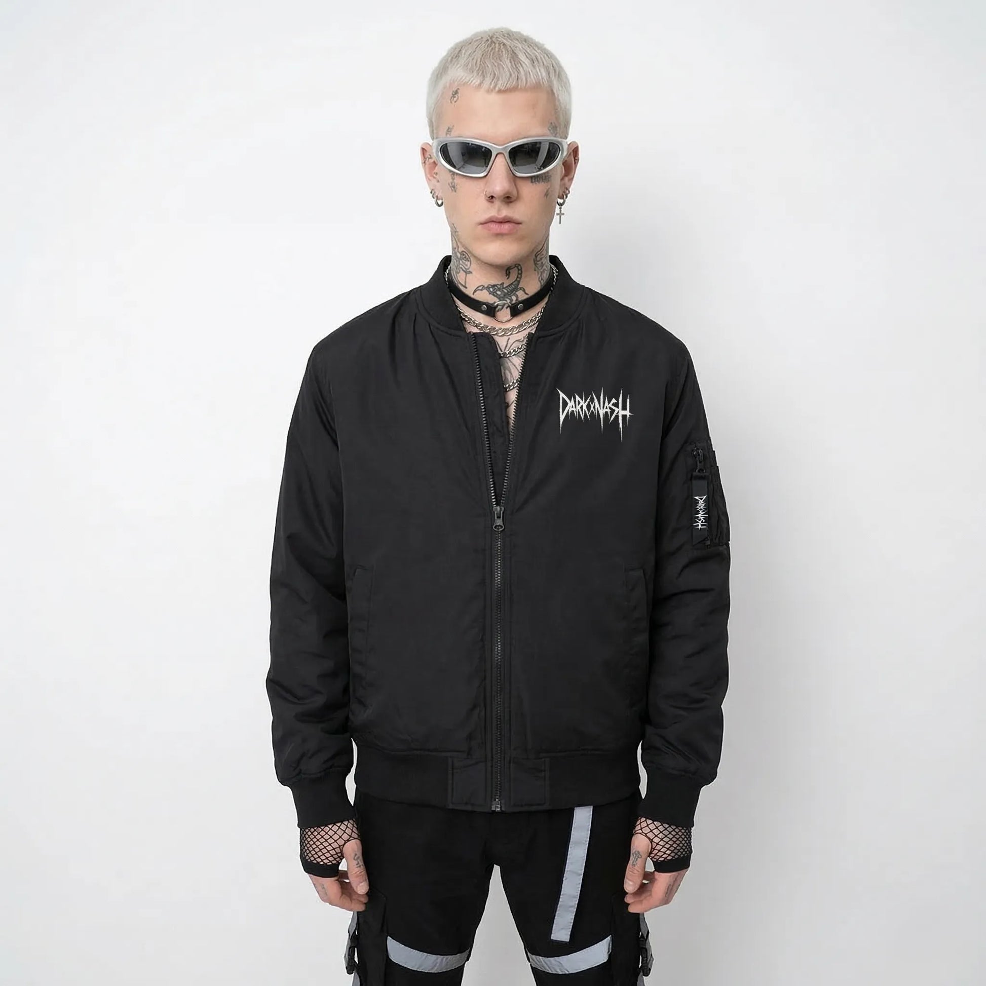 Schwarze DARKXNASH Bomberjacke mit Logo Techno Streetwear Jacke Rave Outfit Festival Kleidung Herren