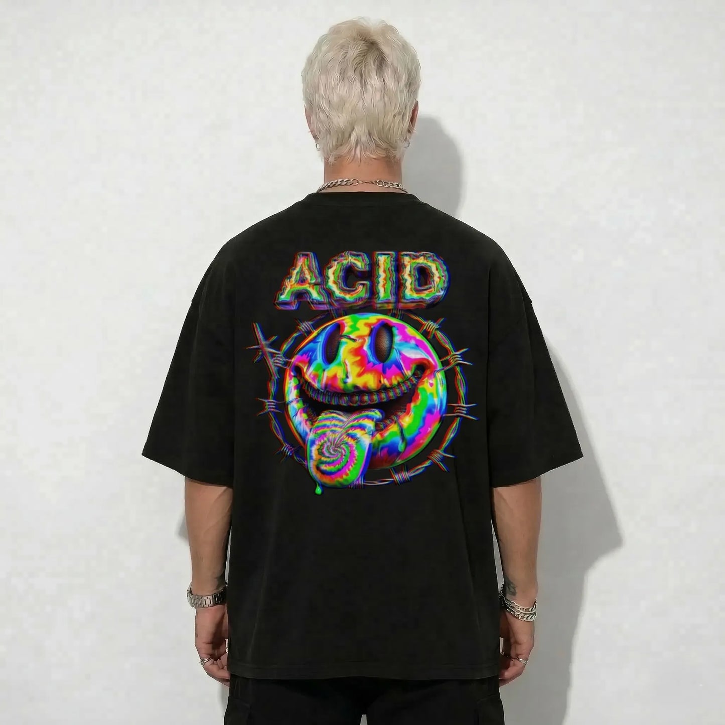 Acid Backprint Techno Shirt mit Smiley Print hinten DARKXNASH Rave Streetwear T-Shirt Festival Hardtechno Outfit Herren