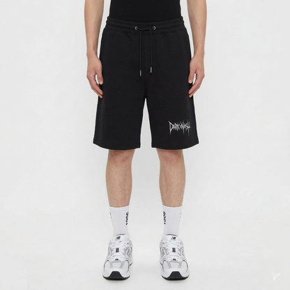 Schwarze DARKXNASH Shorts mit Logo Print Techno Streetwear kurze jogger Hose Rave Outfit Festival Kleidung Herren
