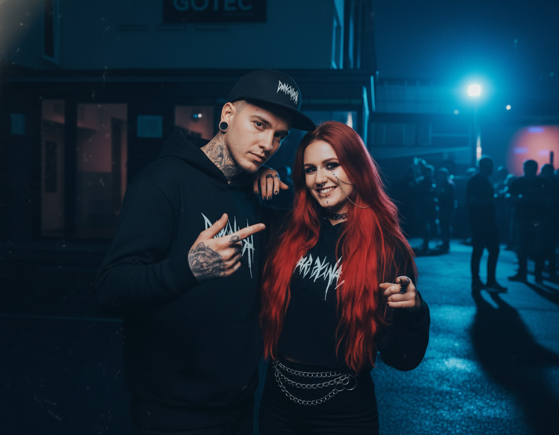 Zwei Personen in DARKXNASH-Technomode vor Club, beide tragen schwarze Hoodies mit DARKXNASH Logo.