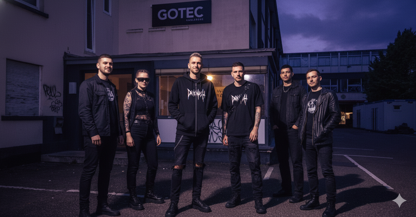 Gruppe in DarkXNASH-Outfits vor dem GOTEC Karlsruhe bei Nacht – Techno Streetwear im düsteren Stil